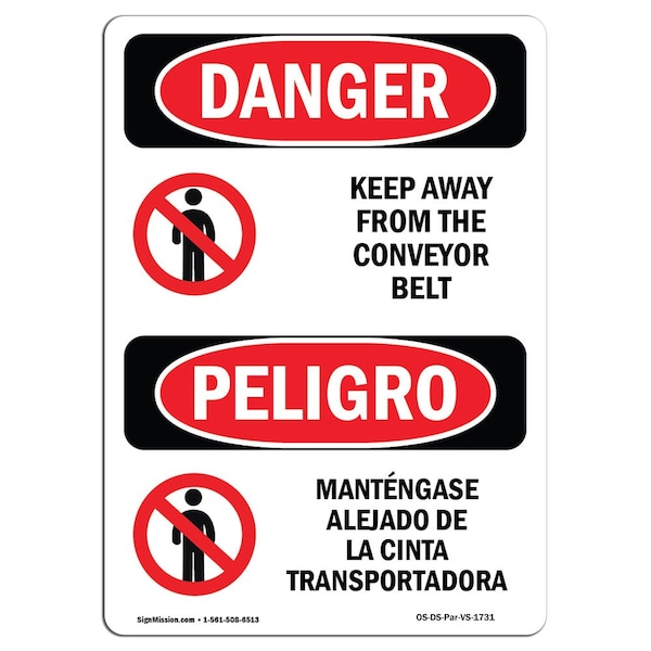 OSHA Sign, Keep Away From Conveyor Belt Bilingual, 14in X 10in Alum, 10" W, 14" H, Spanish